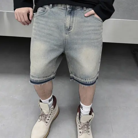 Men's retro, Vintage and nostalgic denim jeans shorts, Denim Look, Vintage Distressed Style, naturally distressed and washed with a frayed ankle design, classic straight Relaxed Fit loose and casual, American Cityboy minimalist Aesthetic shorts