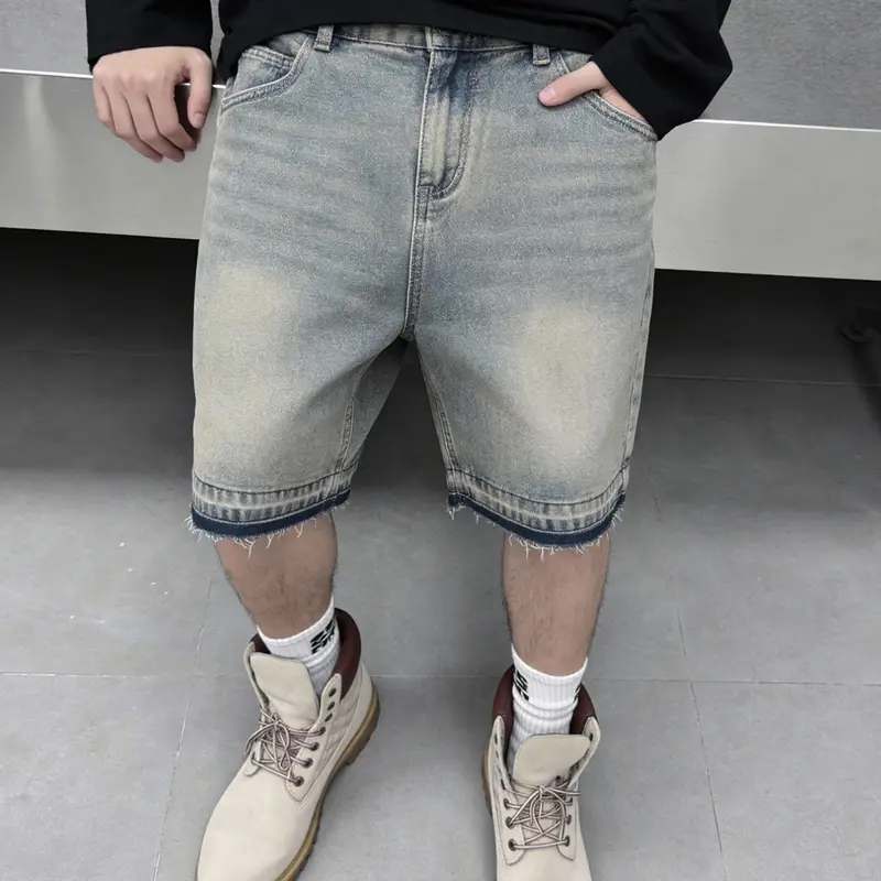 Men's retro, Vintage and nostalgic denim jeans shorts, Denim Look, Vintage Distressed Style, naturally distressed and washed with a frayed ankle design, classic straight Relaxed Fit loose and casual, American Cityboy minimalist Aesthetic shorts