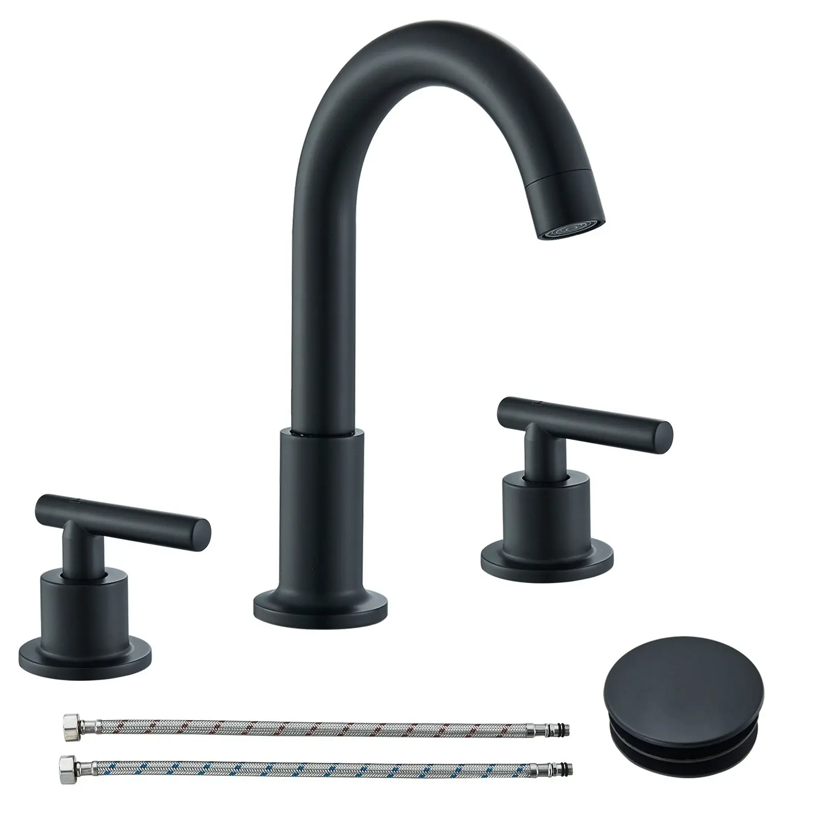Matte Black Bathroom Faucet 3 Hole, 8 Inch Widespread Vanity Sink Faucet, 2-Handle, 360° Swivel Spout, Easy Installation, Pop Up Drain & Supply Hoses, Suitable for Lavatory RV Restroom