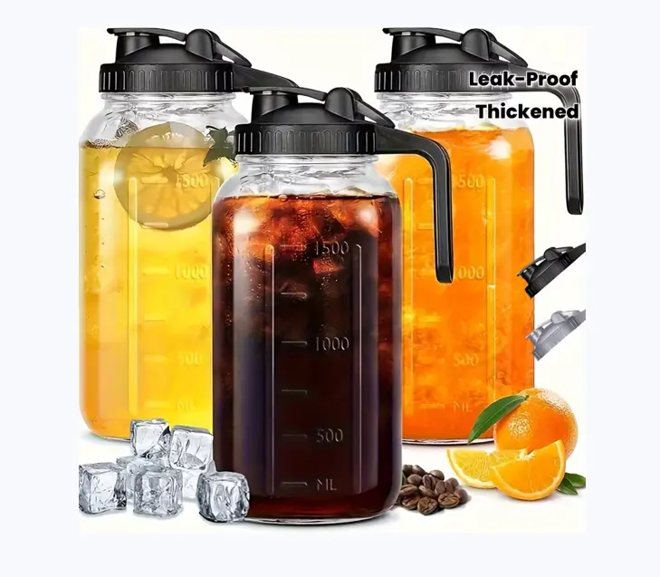 3-piece set of thickened glass coolers (black/grey), 64 oz Mason coffee and tea cups with leak-proof lid, lead-free glass material, breast milk bottle warmer, suitable for refrigerator use, perfect for family gatherings summerwins