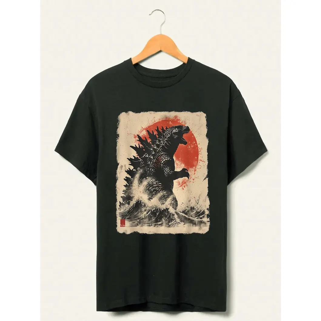 Retro Vintage Japanese Godzilla Great Wave T-Shirt, Godzilla and the Wave Youth Shirt, King of the Monsters Adult Youth Kids Shirt