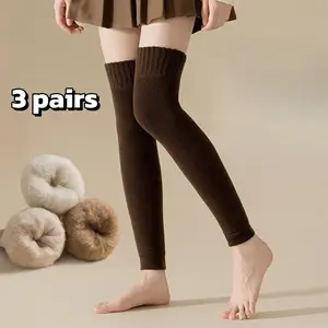 Women's Warm Fleece-Lined Knee High Socks 3 Pairs Black Brown Cream Thick Acrylic Winter Leg Warmers for Cold Weather