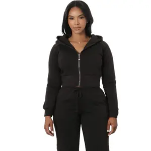 Jogger Set - Black Hooded Zip-Up Jacket & Matching Pants for Women