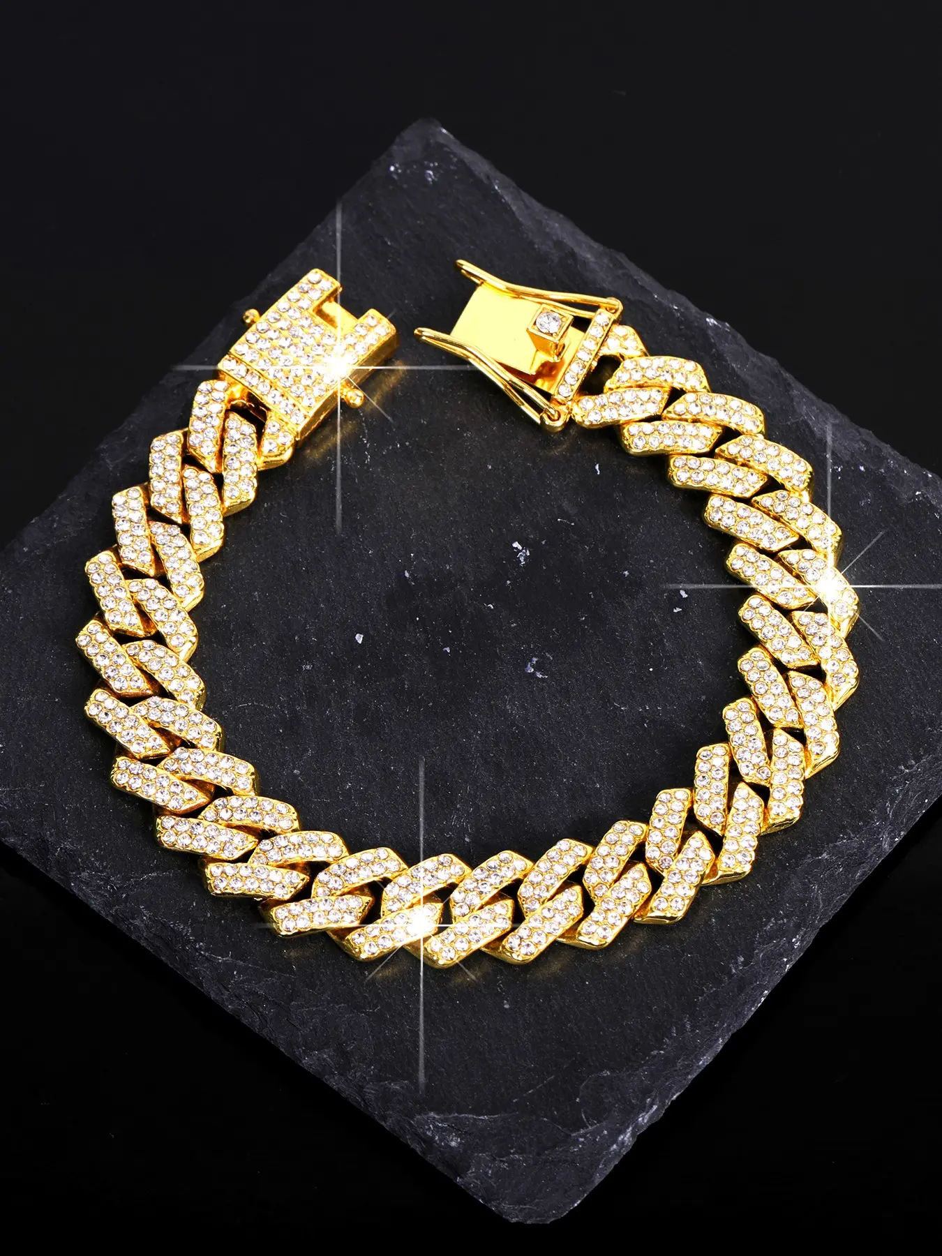 2 Pieces of Iced Out Hip Hop Cuban Link Bling Square Rhinestone Jewelry Bracelets, Exquisite Trendy Bracelet, Tennis Chain Bracelets, Rhinestone Bangle Bracelet, Bangle Bracelet Set, Alloy Chain Bracelet, for Men and Women, Perfect for Rappers