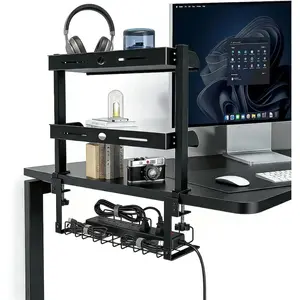 Clamp  Desk Shelf, 17'' 2-Tier Desktop Organizer Shelf with Under-Desk  Storage Basket, Heavy-Duty Desk Shelves for Top of Desk, Space-Saving Desk Storage for  Office Gaming Setup (Black)