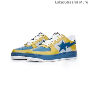 White, blue and yellow color. Leather material. Smooth surface. Comfortable and casual. Wear-resistant. Low heel. Sneakers. Men's style
