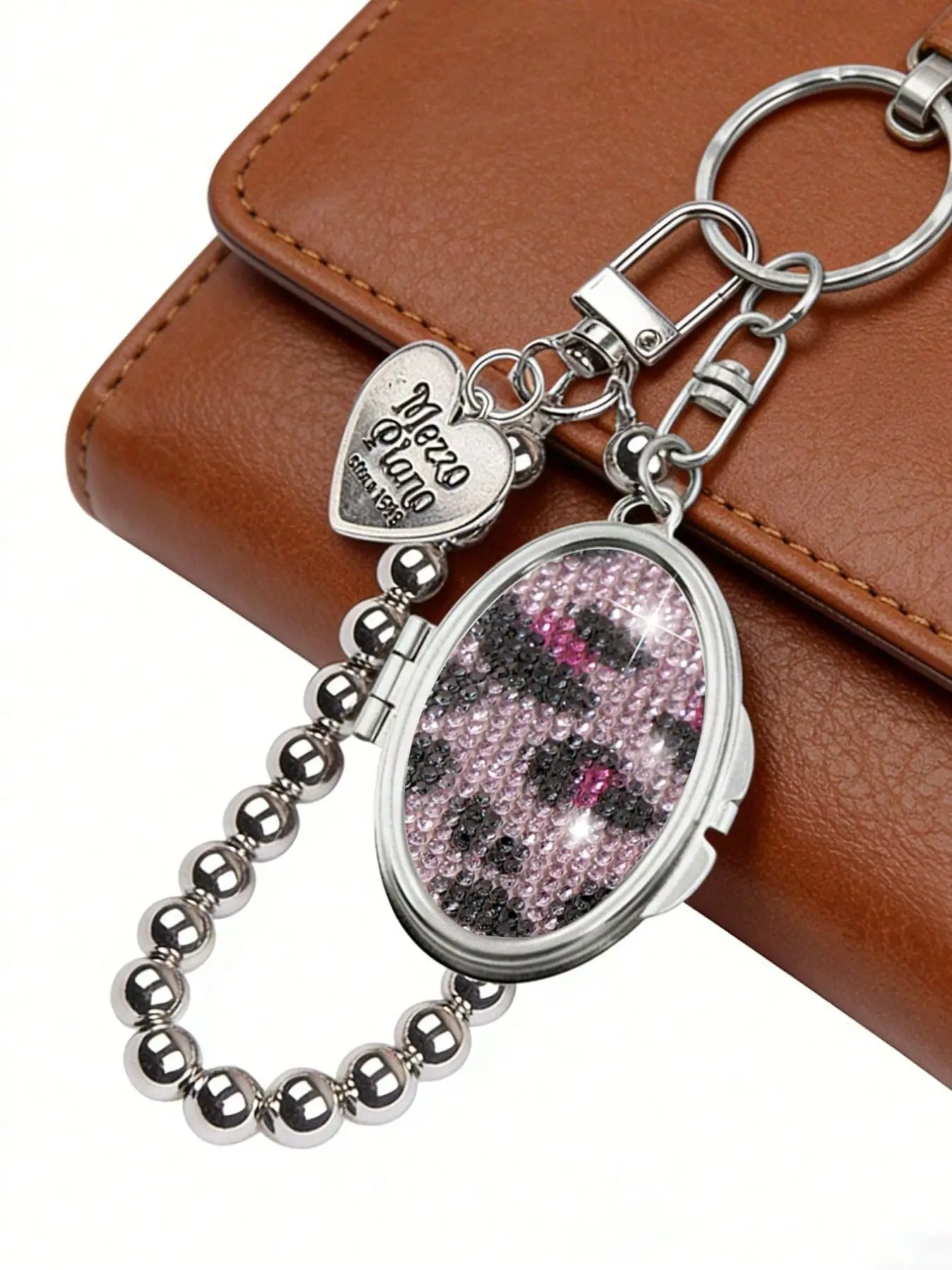 Shiny rhinestone double-sided metal folding mirror keychain, Gift, with silver bead chain and love-themed accessories, leopard print rhinestone portable makeup mirror, silver bead chain oval small mirror