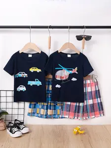 Boys' Junior 4-Piece Summer Set, Car Print T-Shirt + Plaid Shorts, Casual Fashion, Helicopter Print Tee, Outdoor Wear