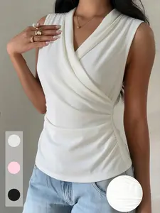Women's Sleeveless Slim Fit Stretch Backless Top Stretchy, V-Neck Pleated Design, Casual Breathable Tank for Beach Dates & Leisure