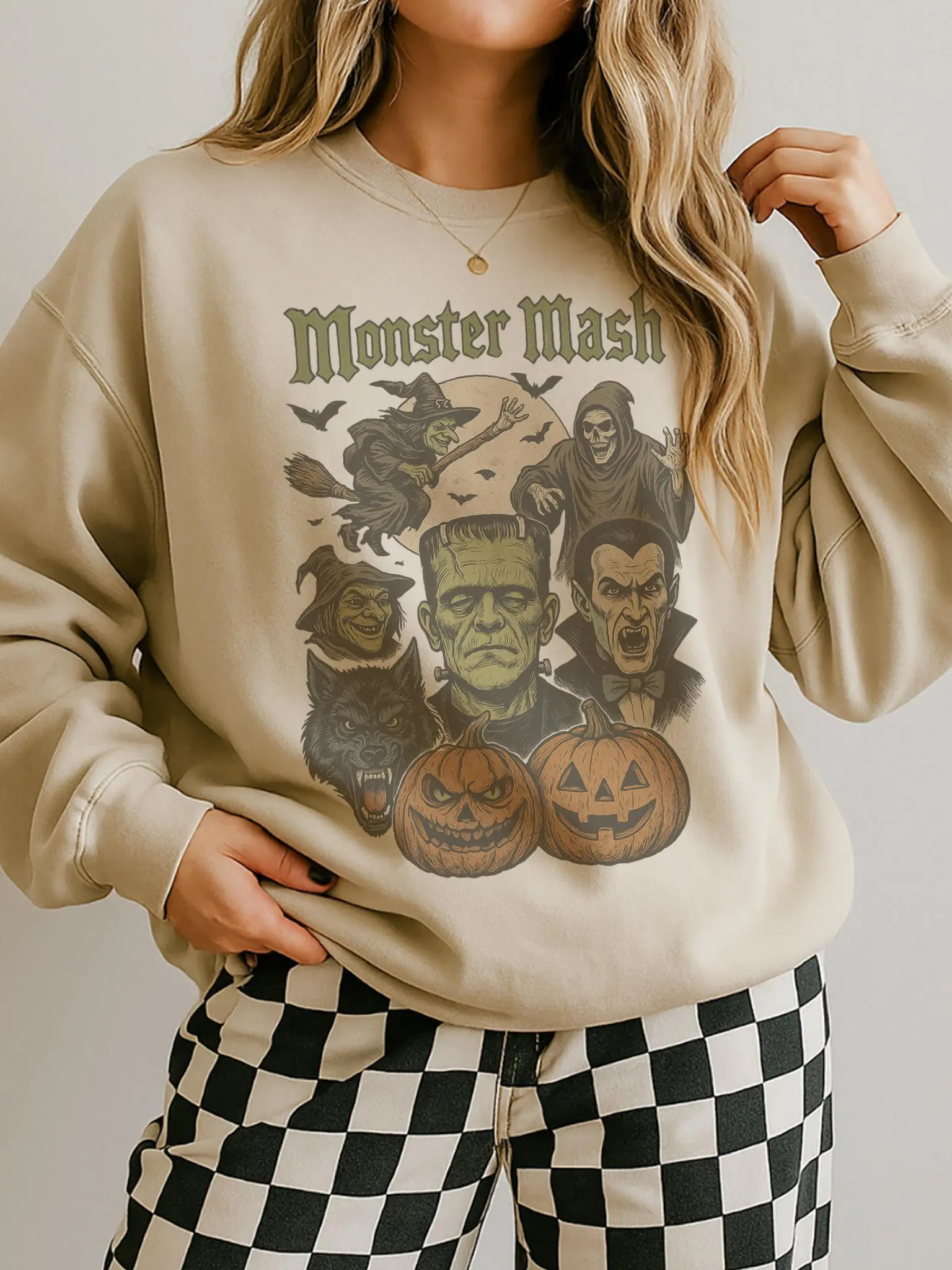 Monster Mash Halloween Sweatshirt | Vintage Horror Movie Monsters Graphic Tee | Frankenstein Dracula Wolfman Witch Pumpkin Crewneck Cotton Trending