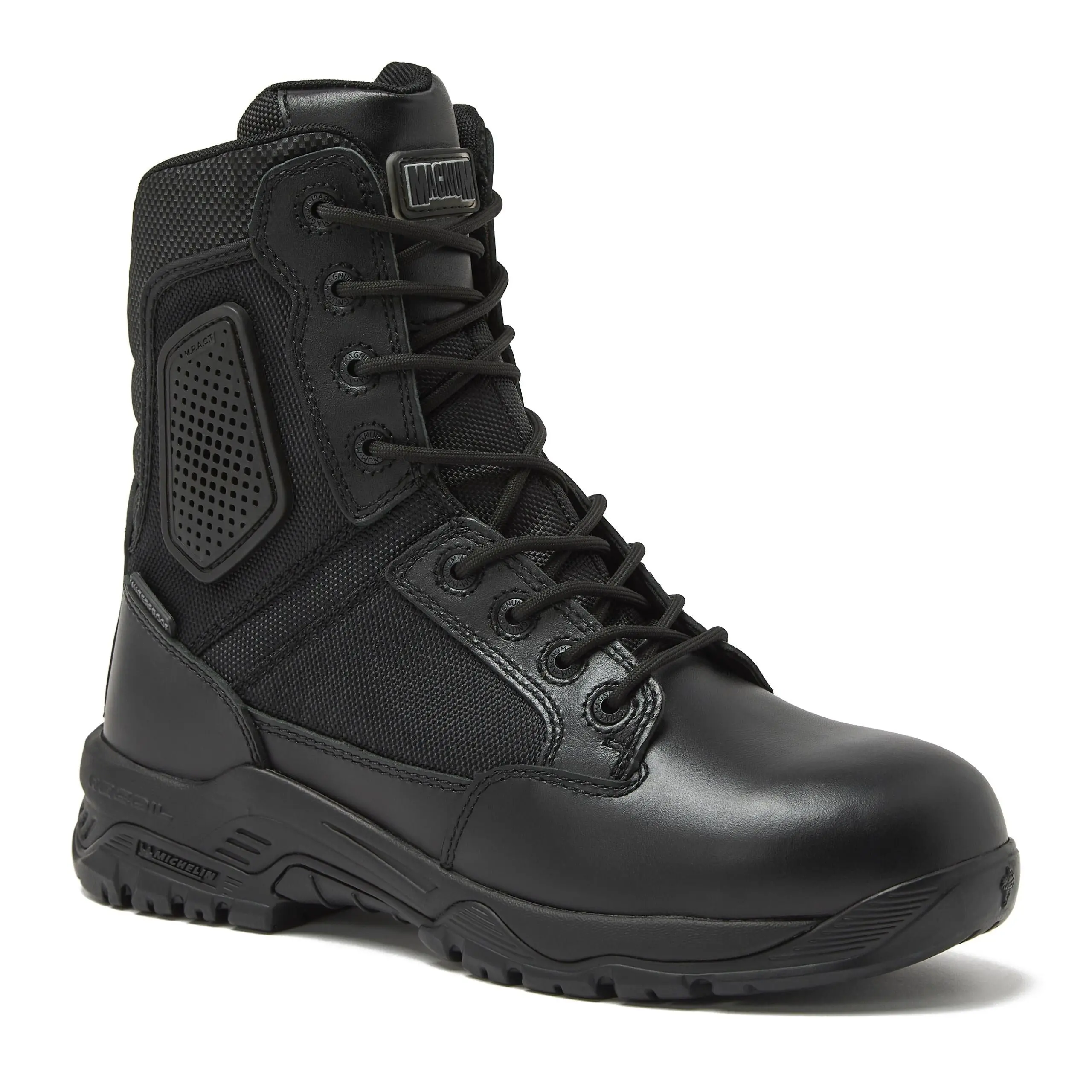 Magnum Strike Force 8-in Tactical Leather Footwear - Military & Outdoor Work Safety Shoe with Michelin Slip-Resistant Outsole, Waterproof Membrane, Side Zipper, Metatarsal Guard, All-Day Support, Breathable