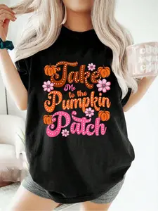 100% pure cotton Retro Take Me To The Pumpkin Patch Flowers Fall Thanksgiving T-Shirt printed t-shirts for women