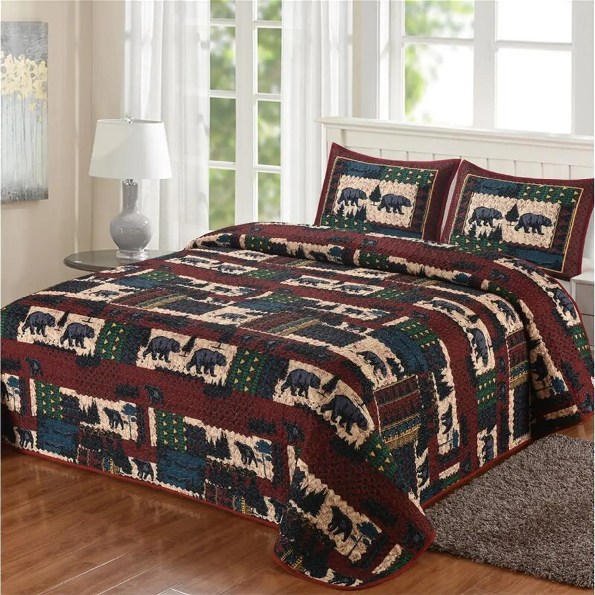 Nature Inspired Patchwork Bedding Set - Bear-Themed Scarlet & Black Quilted Queen Size Multi-Toned Bedding, Quilt & 2 Shams (Inclusive in Bedding Sets Collections), Multi-Toned Bedding Sets Collections