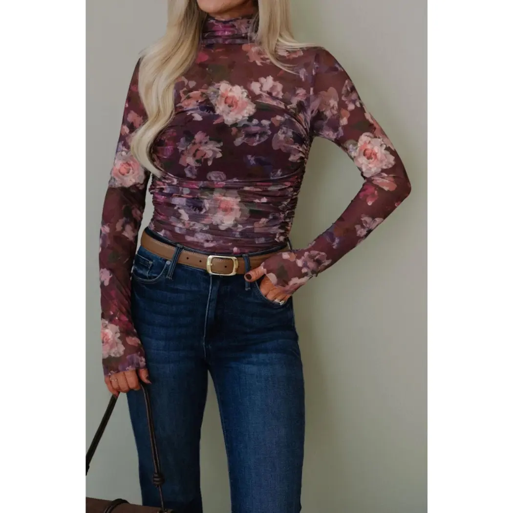 Women's Floral Ruched Turtleneck Top, Slim-Fit Feminine Blouse with Soft Polyester Fabric, Sleeves
