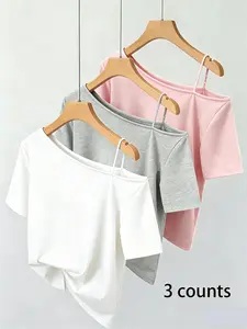 3-Pack Asymmetrical Neck Short Sleeve T-Shirts, Loose Fit, Breathable Fabric, Perfect for Summer, Casual Wear, Ideal for Outings & Parties