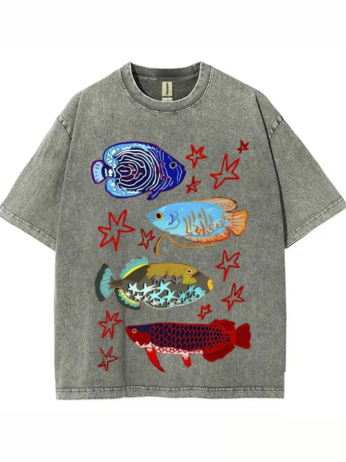 Vintage Washed Grey Tropical Fish Red Star Graphic Tee,Oversized Marine Aquarium Art Shirt,Y2K Ocean Wildlife Short Sleeve For Aquarium Lovers Unisex Relaxed Fit Stylish Streetwear
