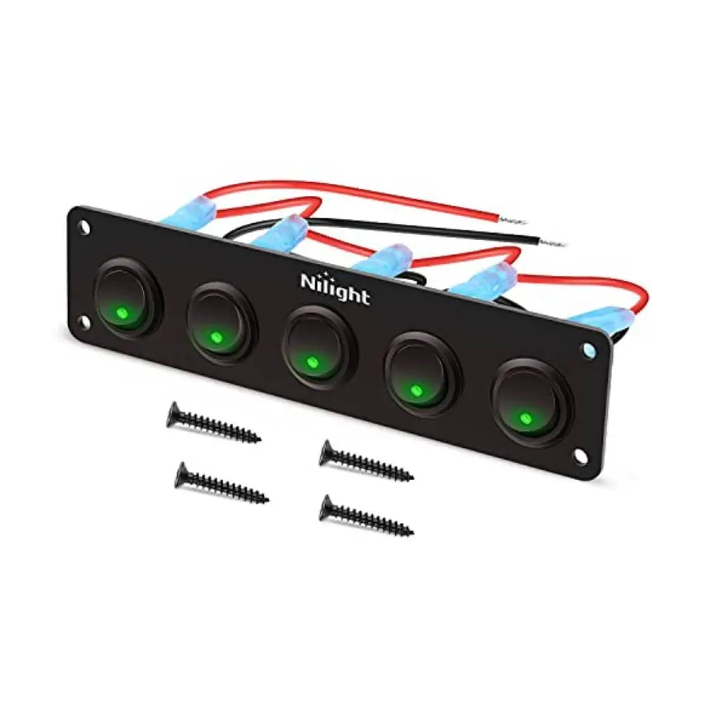 Nilight Pre-Wired 5-Gang 3-Pin Waterproof Aluminum Glowing Light Switch Panel - 20A Green On-Off Toggle Control, 12V 4-Screws ABS Durable Panel, Easy to Install for Car/Boat Electrical Accessories, LED Lights Compatible