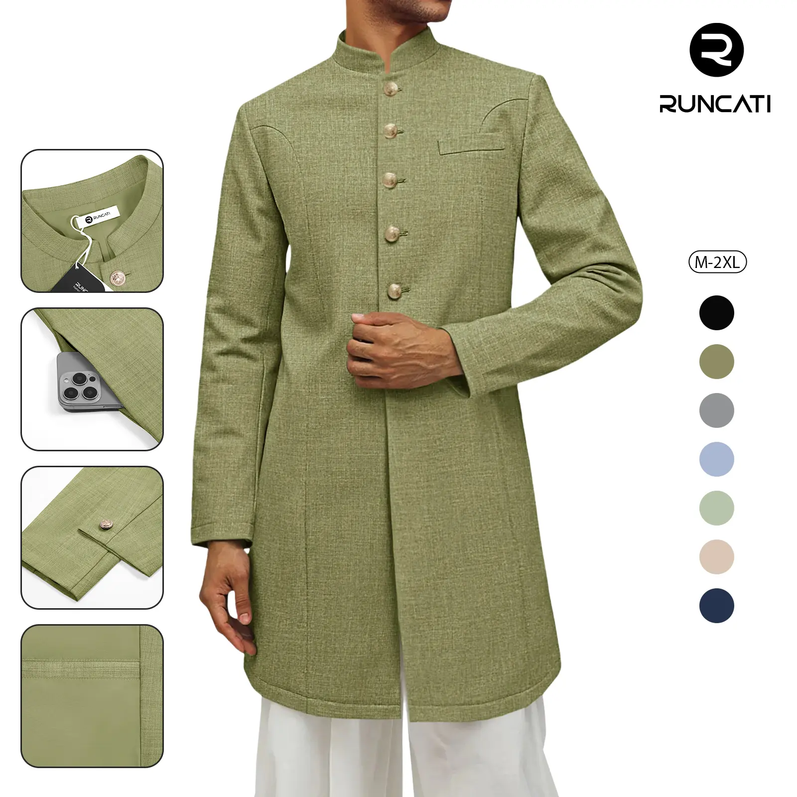 Runcati Mens Kurta Coats Indian Mandarin Collar Attire Ethnic Outfits Wedding Festive Party Clothing Casual Kaftan Robe