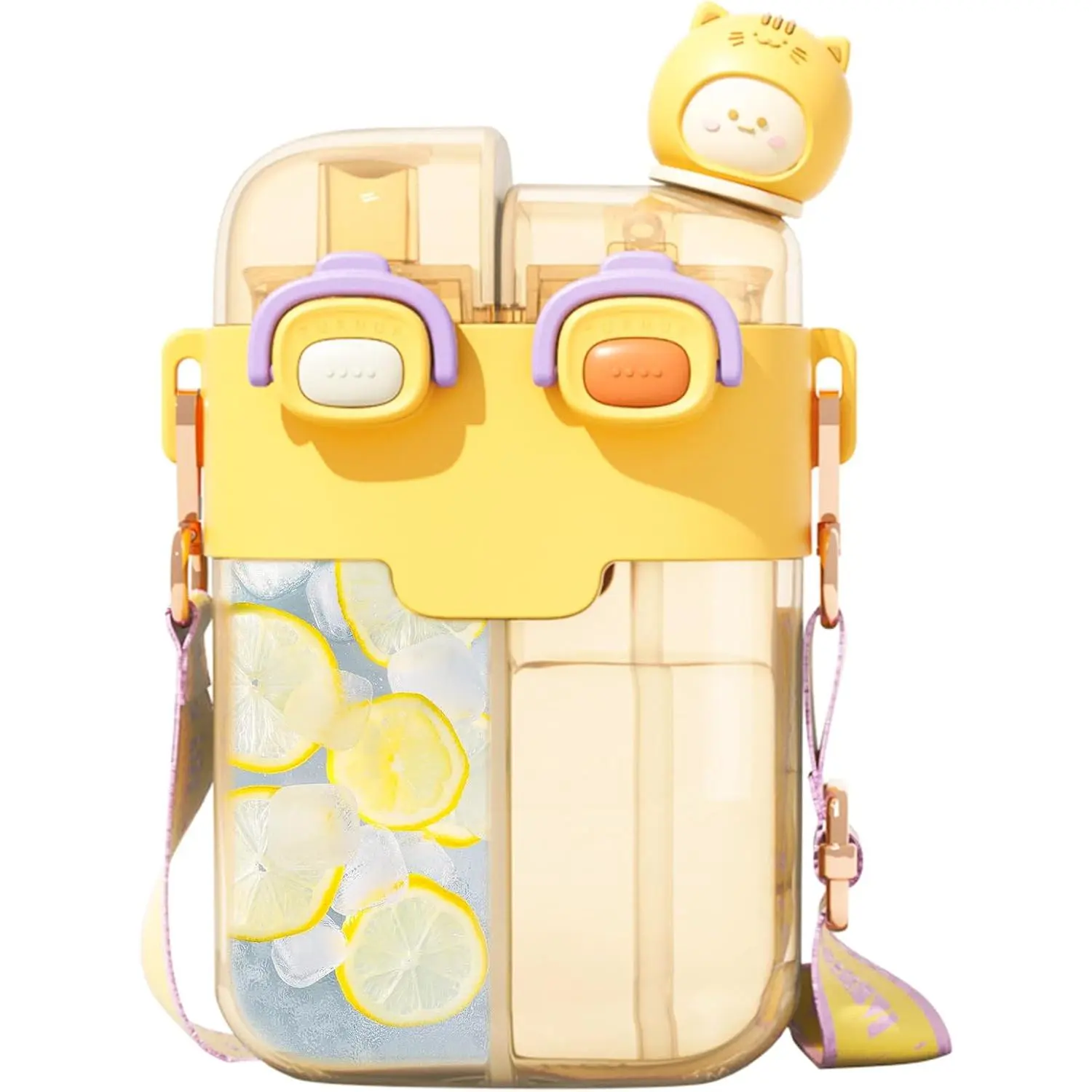 Cute Bottle for Kids: 26oz Bottle for Girls, Funny Bear with Straw and Strap, Dual Compartments Leak-Drinking Cup for School Sport Travel (Yellow)