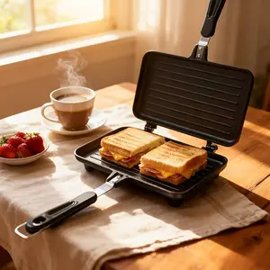 Double-sided non-stick griddle, Grill griddle, sandwich pan, breakfast pan. Flip-top and removable design for easy cleaning. Perfect for cooking sandwiches, pancakes, toast, and eggs. Ideal indoor/outdoor cooking utensil