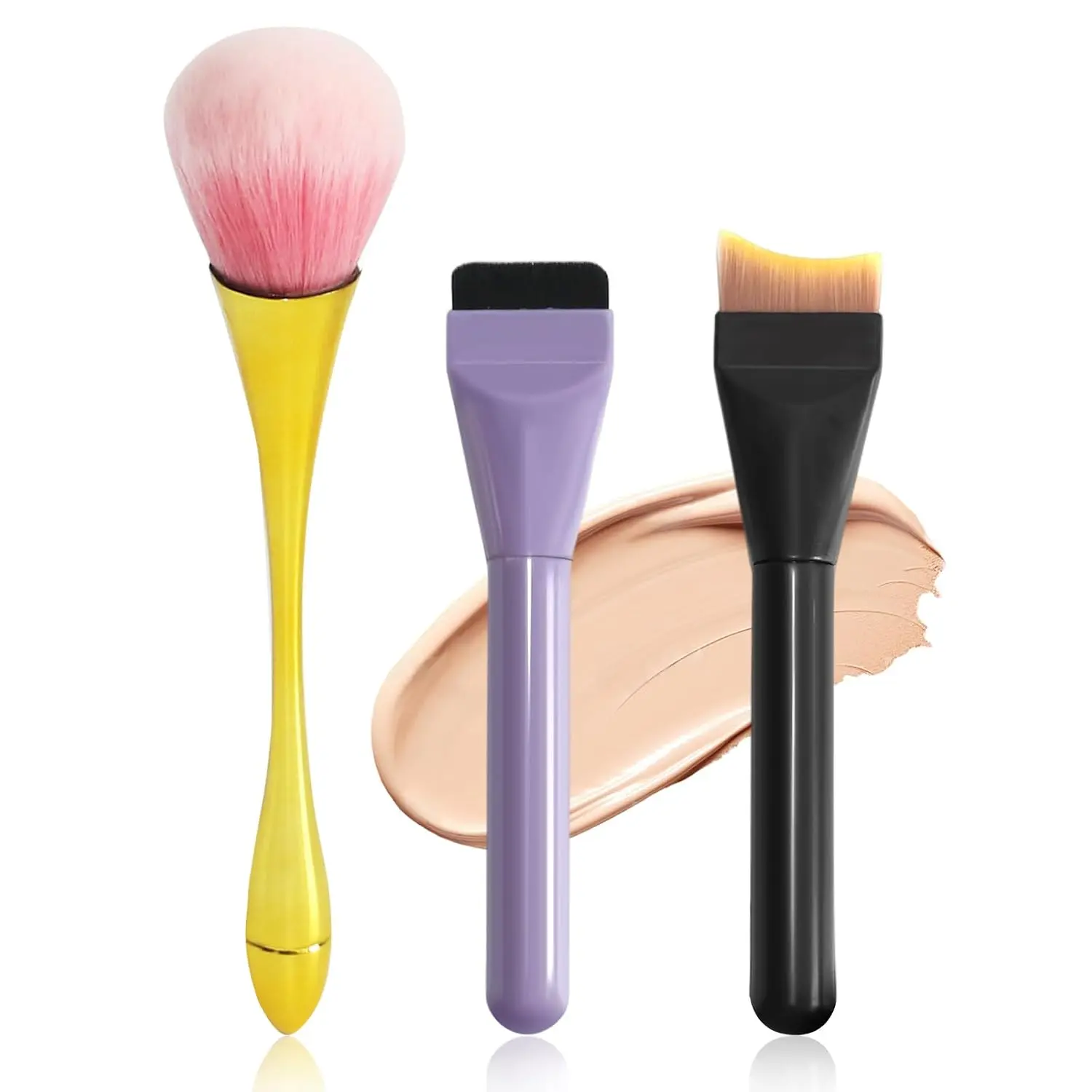 3Pcs Makeup Brush Set, Powder Blush Brush & Flat Curved Foundation Brushes, Soft Synthetic Face Makeup Brushes for Liquid Cream Powder