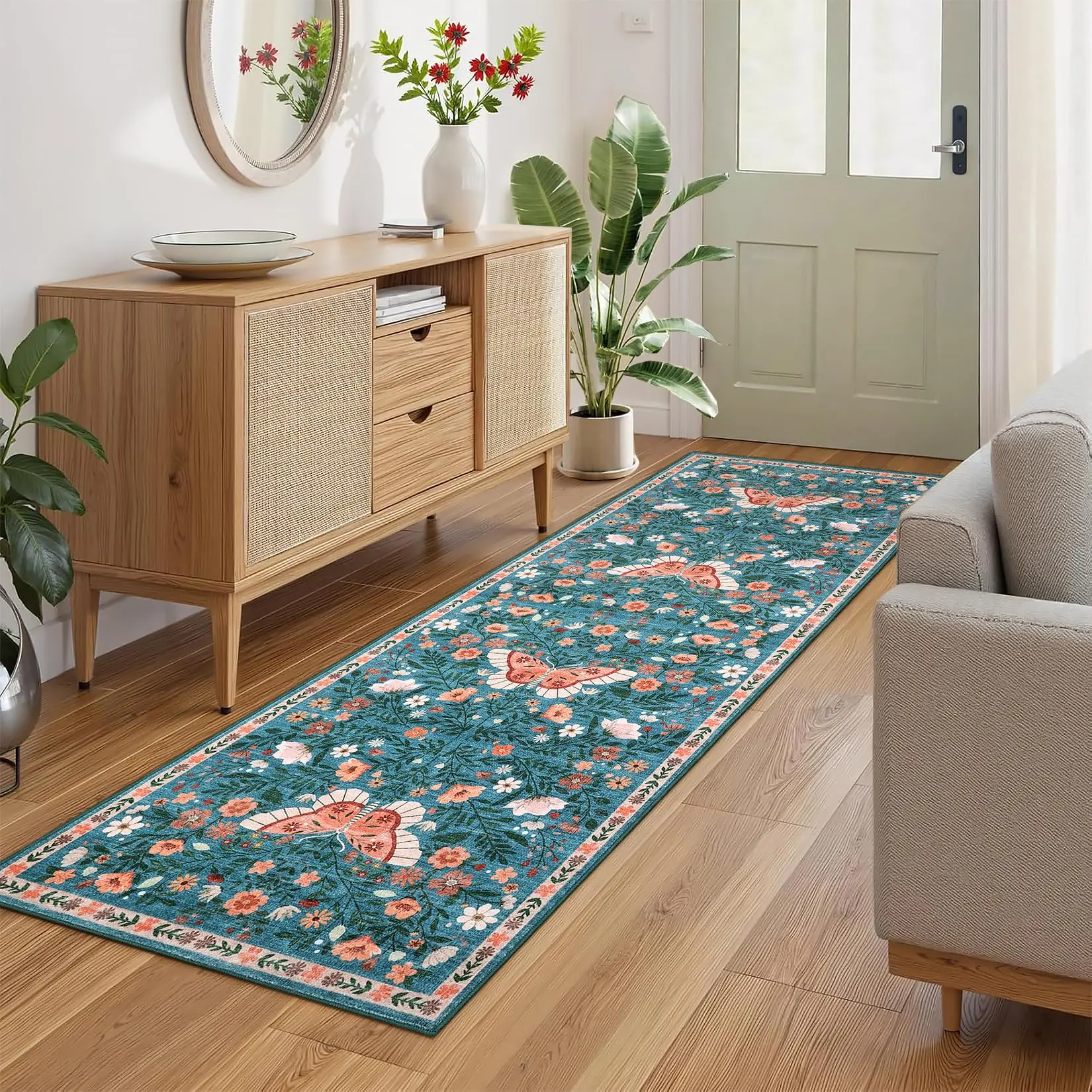 GARVEE Blue Indoor Room Decor Washable Modern Soft Runner Rug for Bedroom Non Slip Low Pile Carpet for Living Room Floor Mat Farmhouse Office Decor 2x6ft