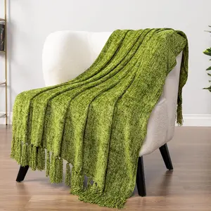 Olive Green Chenille Throw Blanket for Couch Sofa, Soft Olive Knit Throw with Tassel, Decorative Blanket for Bed Chair Living Room, Olive Green 50x60