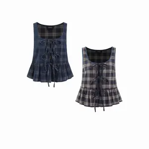 Cider Cotton 100% Corduroy Square Neck Tie Front Ruffled Blouse