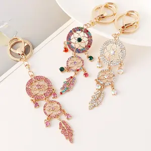 New Dreamcatcher Keychain with Rhinestones, Hollow Feather Design, Metal Car Bag Pendant, Creative Small Gift, Stylish Accessory