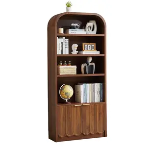 Giratree 70" Tall Arched Bookshelf with Storage Cabinet, Modern 4-Tier Wood Bookcase with Scalloped Doors & Gold Handles for Living Room, Bedroom, or Home Office