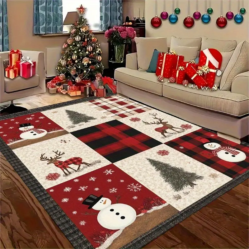 Premium Red Christmas Tree Snowman Reindeer Puzzle Pattern Mat for Bedroom/Dining Room/Living Room Snowman Decorations Red White Christmas Decor Christmas Tree Mat Red Christmas Decorations Christmas Snowman Plaid Christmas Decorations Red Plaid Decor