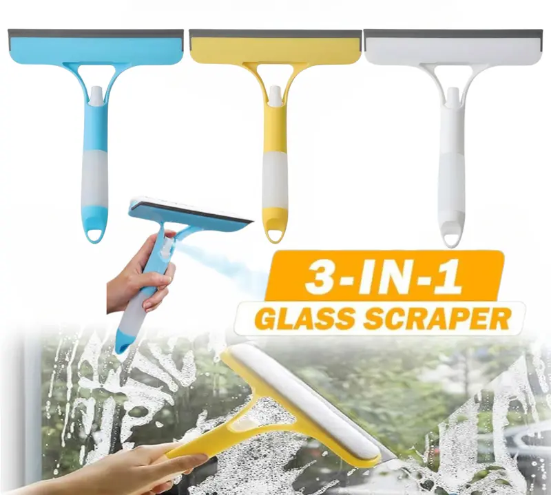 3 in 1 Window Cleaning Scraper Squeegee, Window Cleaning Squeegee and Scrubber with Sprayer for Windows, Car Windshields, Bathrooms, Easy to Clean Without Streaks