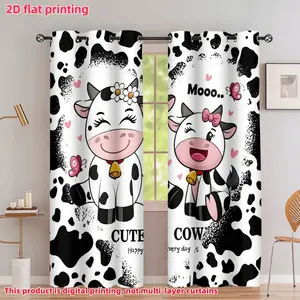 2D Flat 2Pcs Cartoon Cow Print Window Curtains, Farm Animal Theme, Eyelet Design, Semi-Sunshade for Living Room Bedroom Kitchen, Adorable Kawaii Decor, Privacy Protection, Home, Cute Aesthetic.