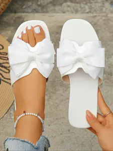 Women's White Big Bow Square Toe Flat Slides, Coquette Summer-Chic Style, Non-Slip Waterproof Classy Sandals #CoquetteSummerShoes, #WhiteBowFlatSlides, #SummerChicSandals