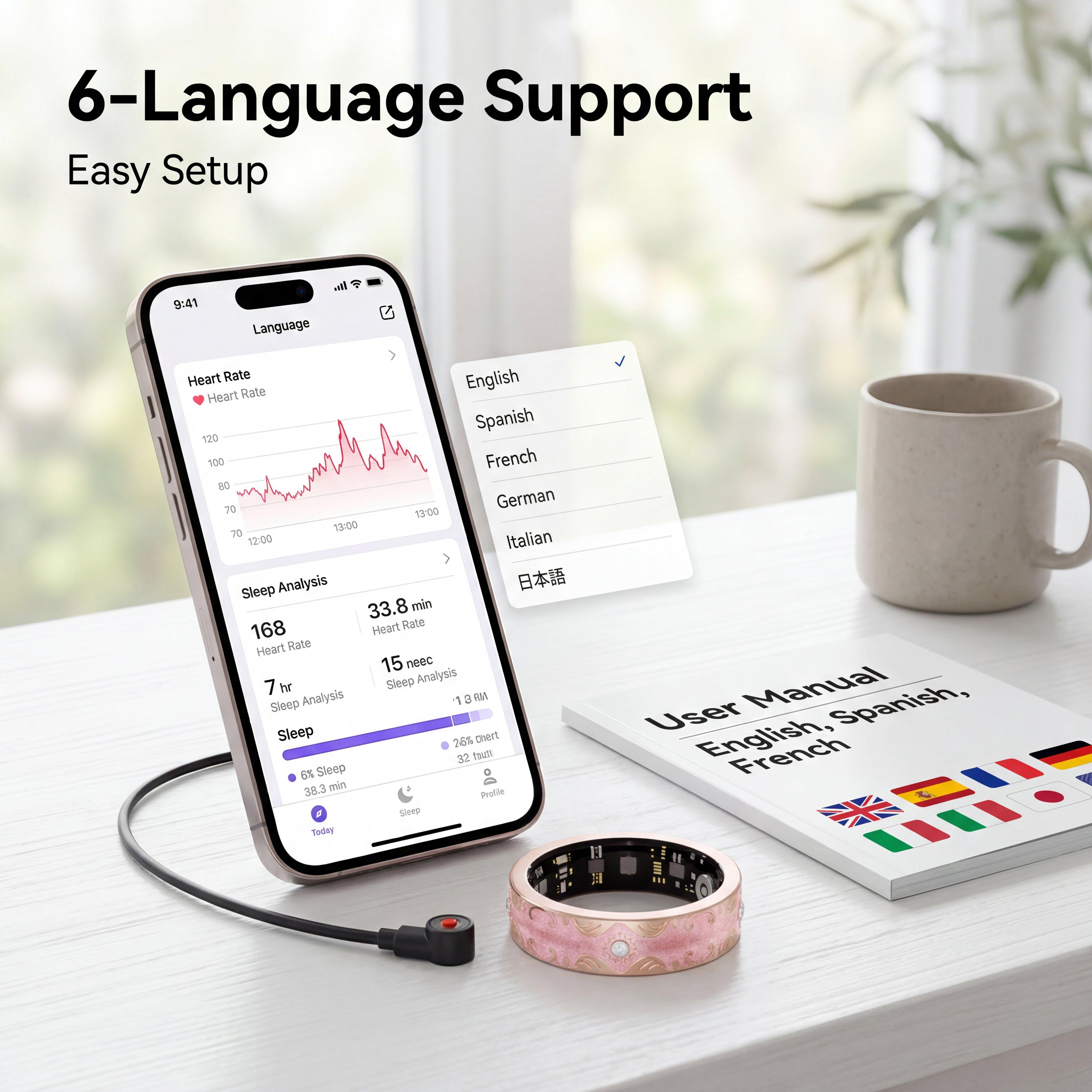 Aesthetic Smart Ring for Women & Men - Pink/White/Green Wellness Tracker, No Monthly Fee, 6-Language App & Manual, 5ATM Waterproof Jewelry Ring, Ideal Birthday Gift for Her