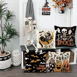 Halloween Pumpkin Bat Skull Cushion Covers Set, Zipper Closure, Home Decor Sofa Car Outdoor Seat Pad, 45x45cm (17.72x17.72 Inch), 4 Pieces