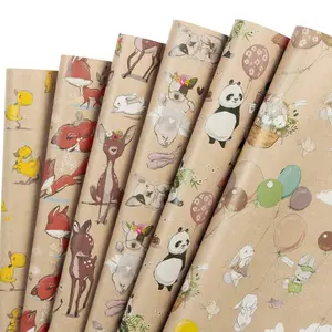 6 Sheets Kraft Paper Gift Wrapping Paper, Cute Animal Patterns, Duck Rabbit Deer Fox Panda, Birthday Wedding Baby Shower, 44.5x70cm