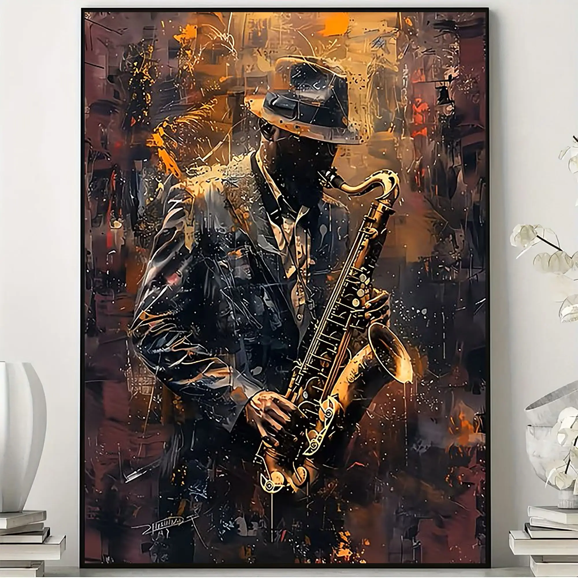 Jazz Saxophonist Poster – Moody Abstract Music Wall Art for Jazz Lovers and Musicians – Vintage Saxophone Player Print for Living Room, Bedroom, Music Studio, Office, Bar & Lounge Decor