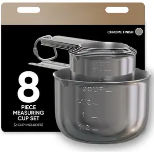 Measuring C Set, 8 count, Copper and Chrome Finish, Stainless Steel, Accurate for Wet & Dry Ingredients, Embossed Markings, Easy Pour Spouts, Dishwasher Safe, Kitchen Essential (Stainless)