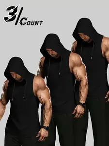 Men's sports hoodie, 3-piece sleeveless design gym vest, Athletic training apparel, suitable for weightlifting, training, and leisure activities, Durable print, suitable for sporty individuals and minimalist style seekers