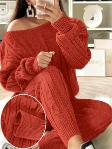 Two-Piece Set for Autumn and Winter, Long Sleeve Pullover Sweater with Knit Long Pants, Casual Minimalist for Everyday Wear