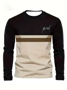 Men's Casual Attire Long Sleeve Round Neck T-Shirt, Polyester Knit Fabric, Regular Fit, Striped Pattern, Fall & Winter Series, Knitwear