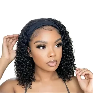 Elastic Headband Wig, Human Wig, for Woman, Pixie Cut Wig, No Glue Wig, Short Curly Hair Headband Wig, Density, Natural Black, Beginners Friendly