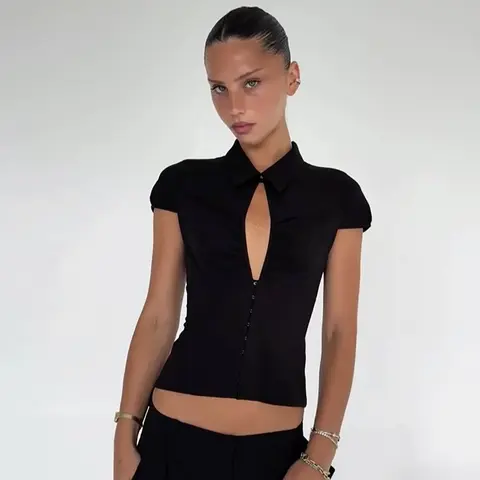 Women's Retro Collar Deep V-Cut Short-Sleeve Crop Top - 2026 Retro Sexy Style, Spring Summer Solid Slim Fit Elegant Hollow Basic Chic Going Out Flattering Tops, Short-Sleeve Cool New Year's Eve Wear, Cold Wash Only, No Dry Clean