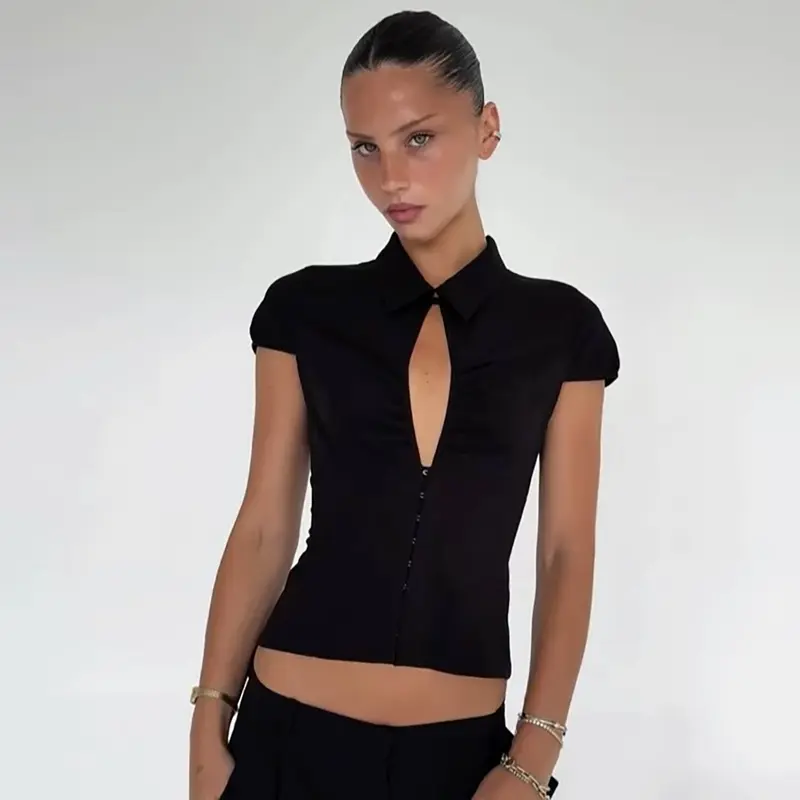 Women's Collar Neck Deep V Cutout Short Sleeve Crop Top 2026 Spring Summer New Solid Color Slim Fit Top, Retro Sexy Style for Party Date Casual Outing T-Shirts