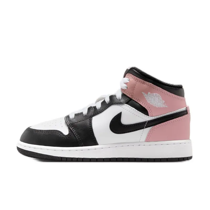 Nike Air Jordan 1 Mid White Rust Pink Black Youth Closed Athletic Sports Shoes, Walking Trainer, Fashion Casual Basketball Footwear for Girls, Mid Cut, Logo, True To Size, Black Accents, Leather