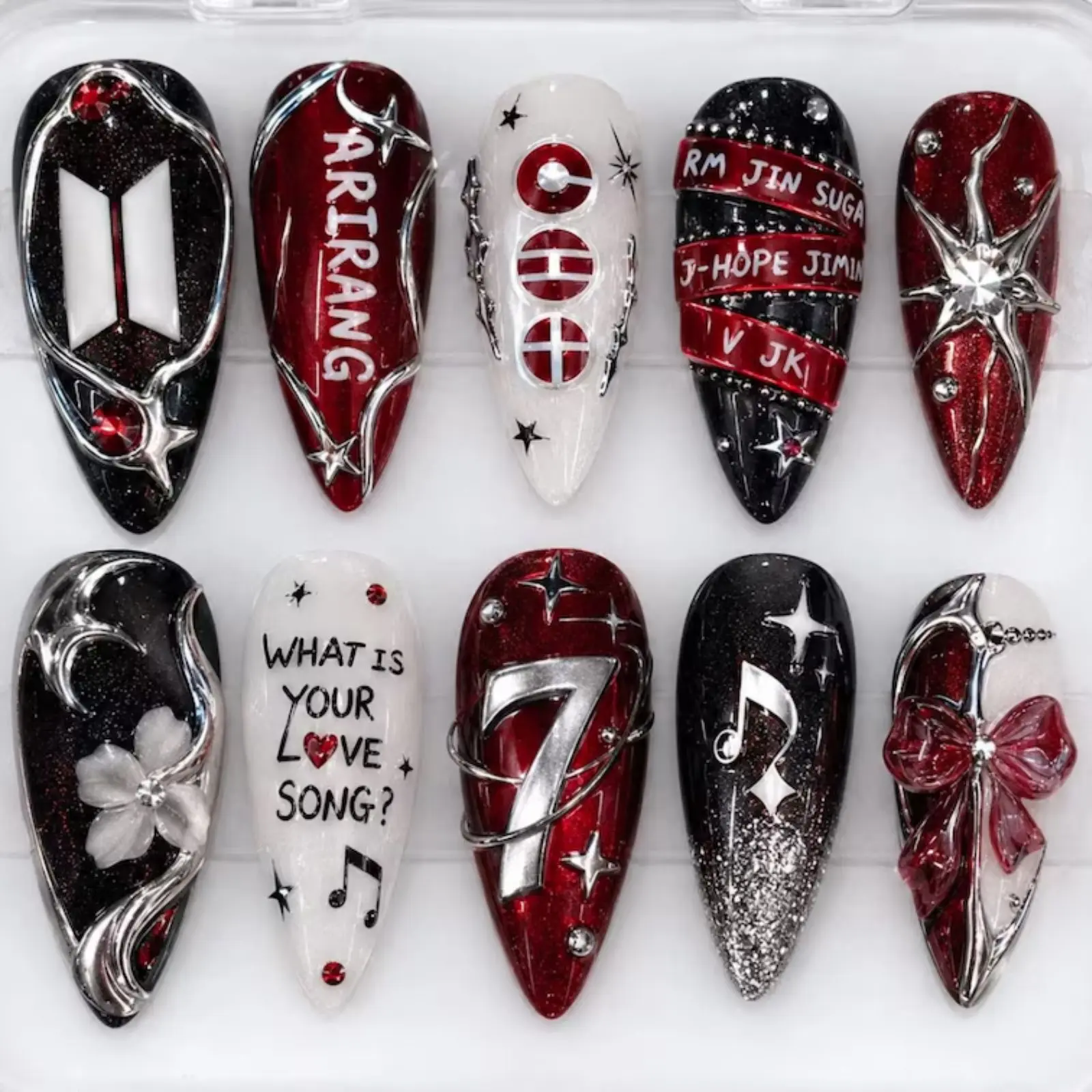 Kpop Concert Press On Nails | Arirang Concert Inspired Nails | Black Red Glitter, 3D Chrome Bow & Number 7 Handmade Nails