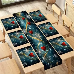 Christmas Table Runner Set, Snowflake Heart Design, Holiday Winter Decor, Kitchen Home Fabric Decoration, 5-7 Piece Combo Pack