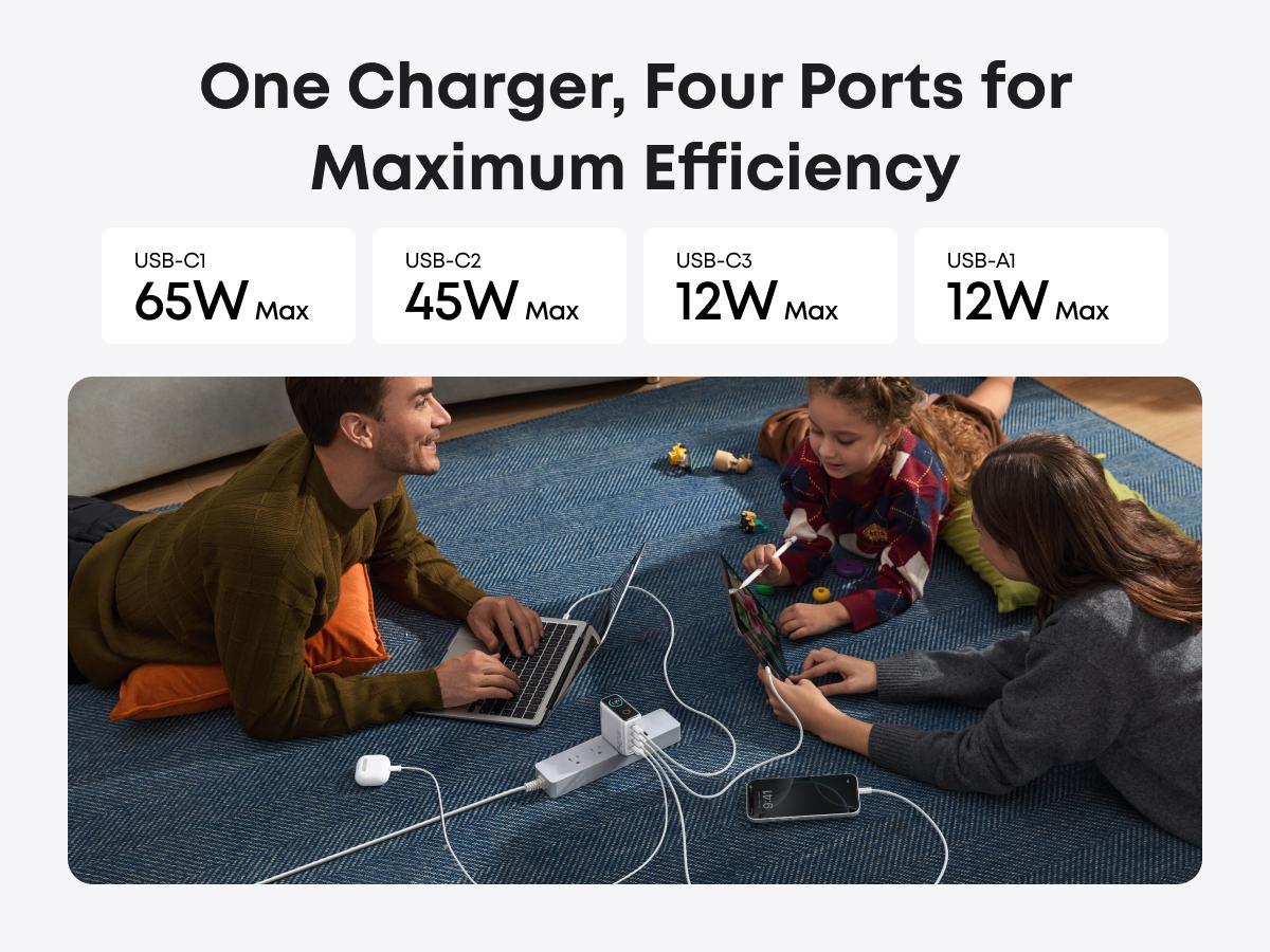 Anker Nano Power Strip A9196 - 1500J Surge Protection, 5 ft Extension Cord, 70W Max Gaming Desk Accessory, 6 AC Ports, 2 USB-A, 2 USB-C + 140W GaN Laptop Fast Charger, 4-Port Multi Adapters with LCD Screen, Intuitive Touch Controls, Usb C Adapter Multipor