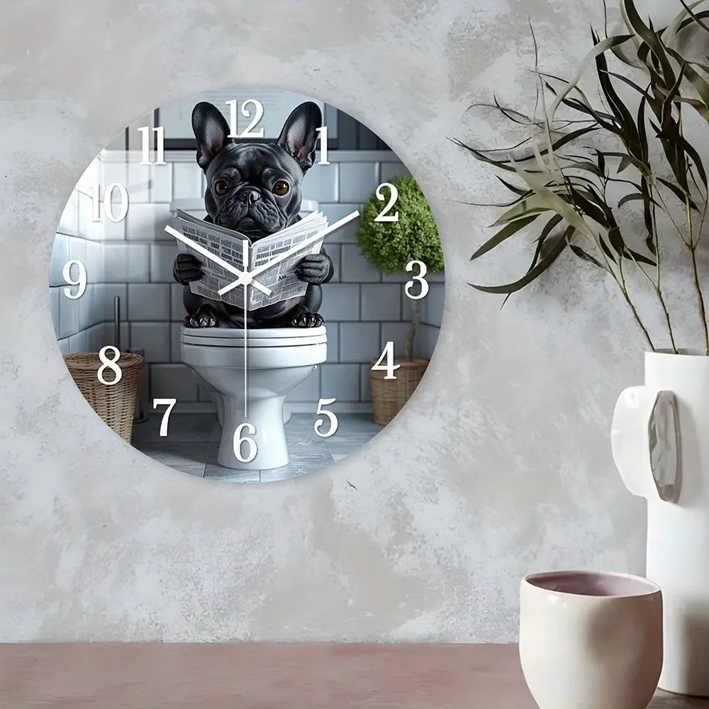 Acrylic Wall Clock, Humorous French Bulldog Reading Newspaper, Silent Clock for Living Room Bathroom, Fun Gift for Dog Lovers, Battery Operated